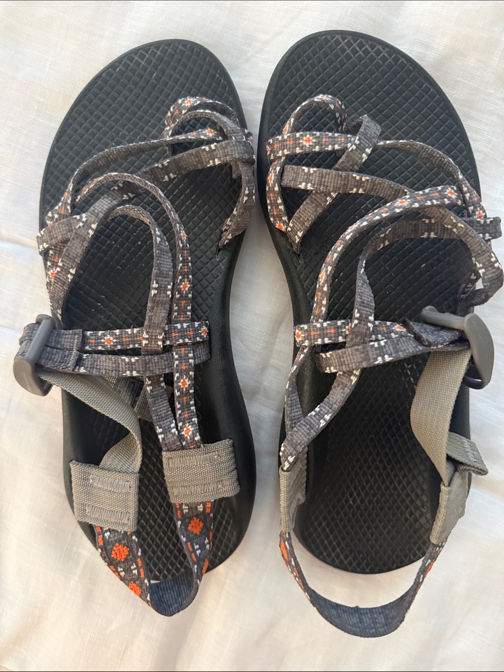Chaco Women's Black Sandals with Gray and Orange Patterned Straps